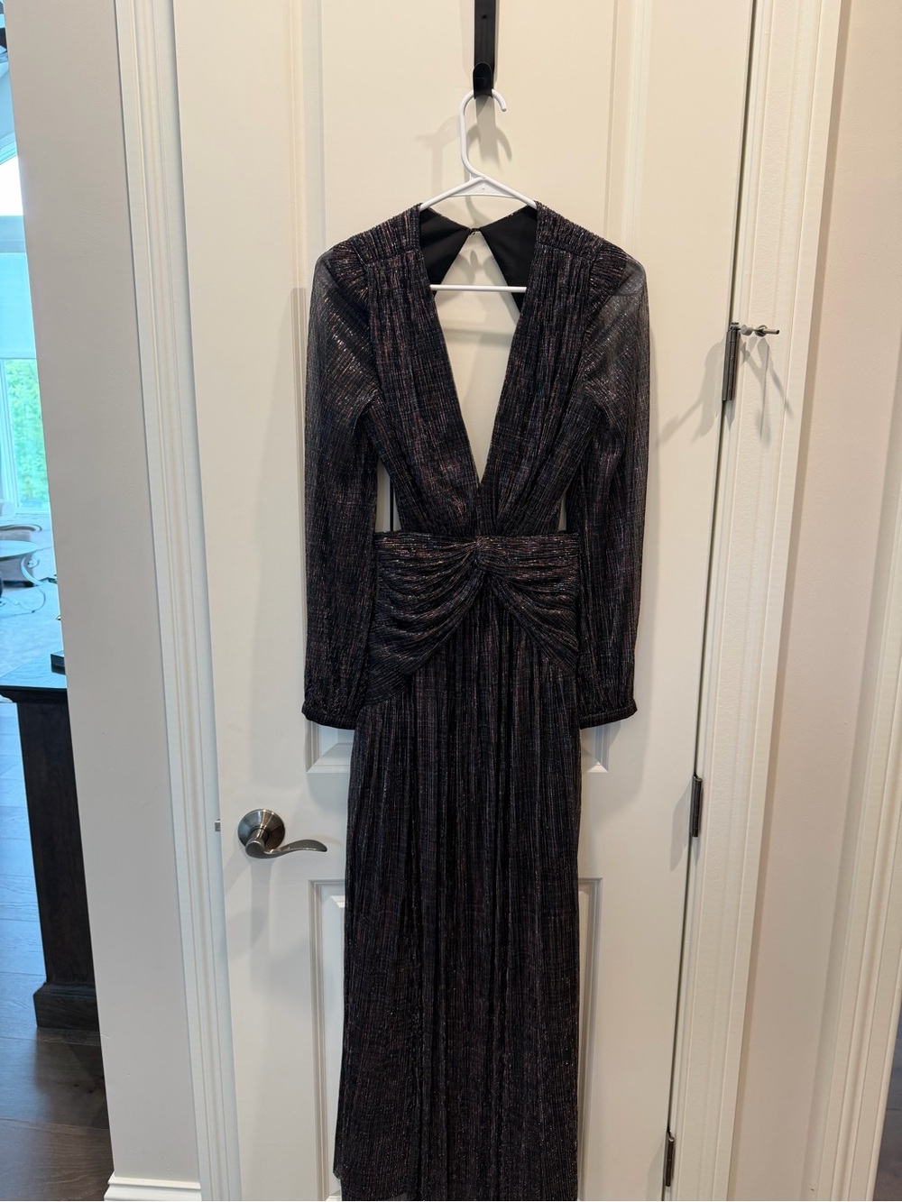 Gianni Bini Metallic Deep-V Long Sleeve Evening Gown - Black with Silver Sheen